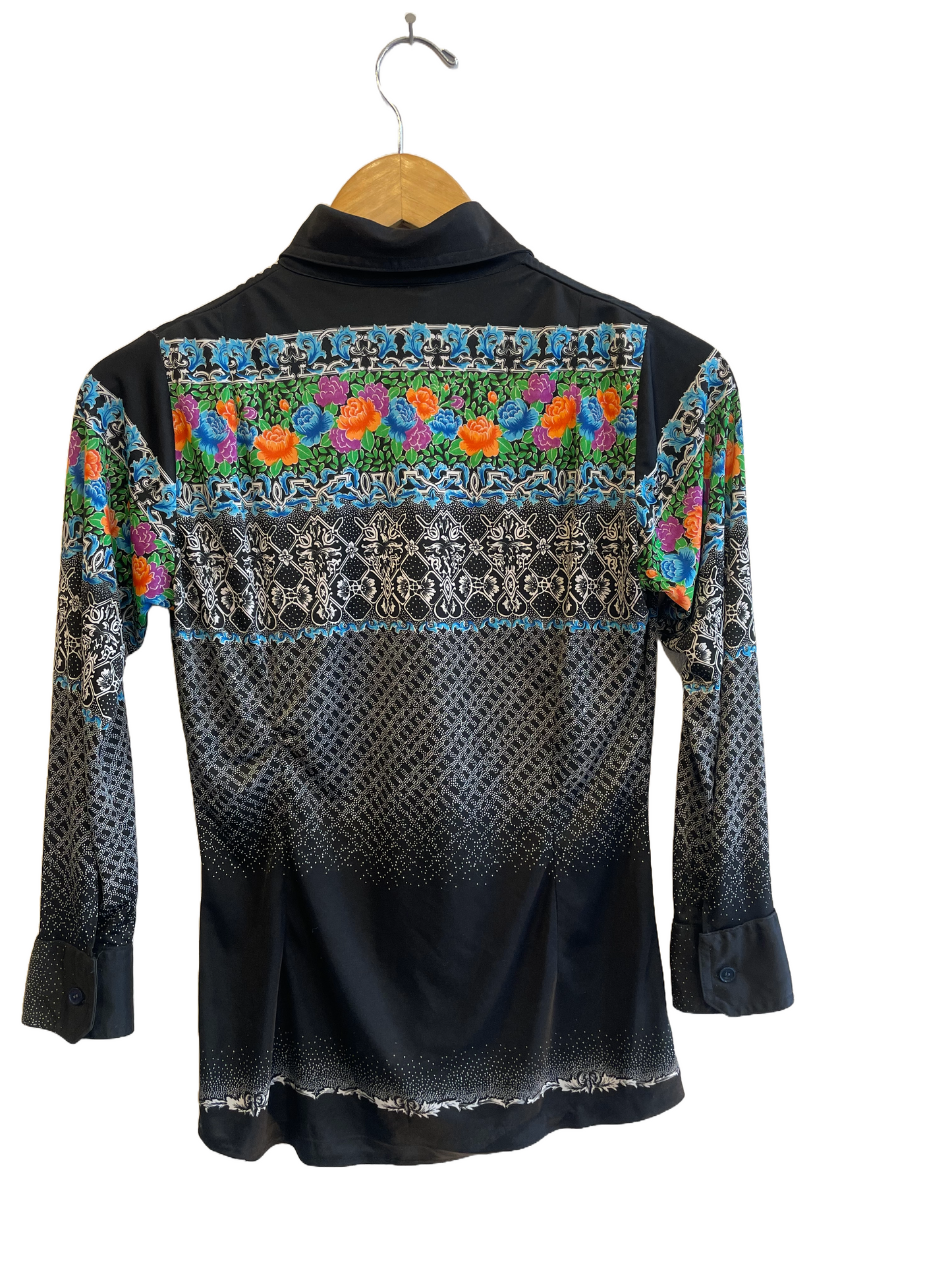 1970s Black Slinky Nylon Floral Shirt