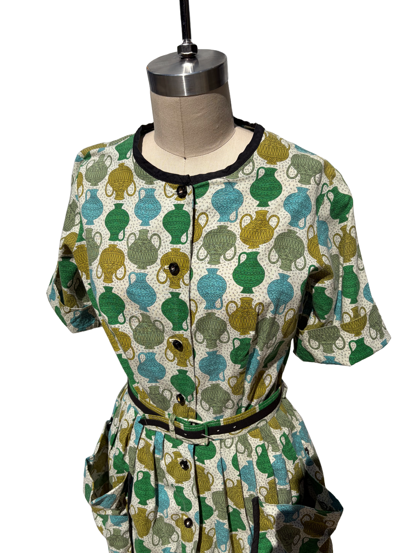 1950s Blue Green Vases Novelty Print Belted Day Dress