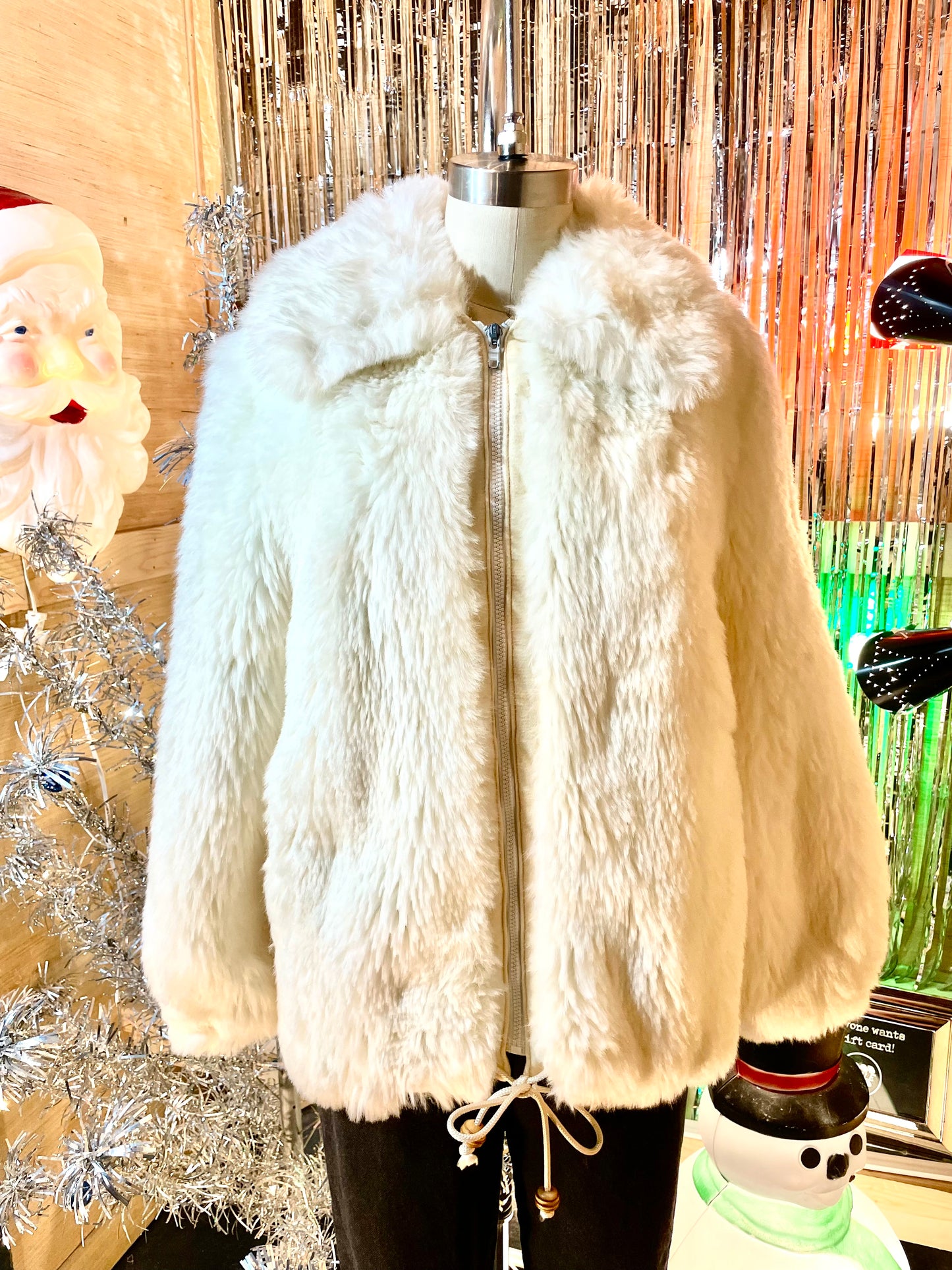 1970s White Faux Fur Wood Bead Drawstring Hem Jacket