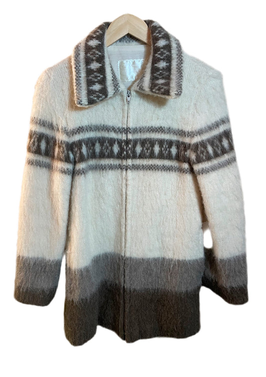 1980s Cream Brown Stripe Geometric 'Ice Wool' Zip Up Jacket