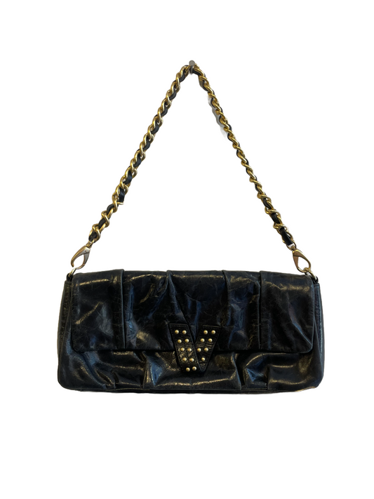 1980s Black Leather Brass Stud Baguette Bag