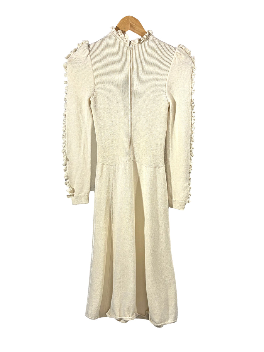 1970s Cream ’St. John’ Knit Ruffle Sweater Dress