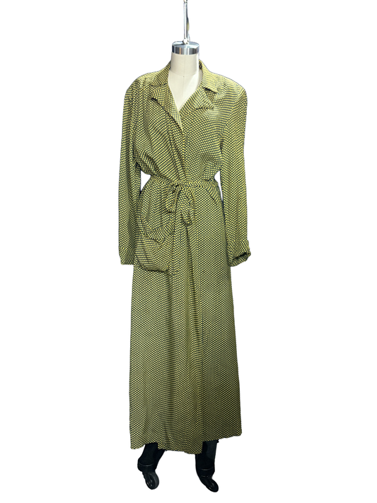 1940s Yellow Green Dot Print Rayon Belted Dressing Robe