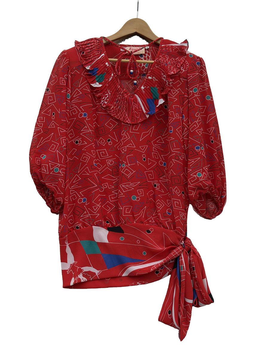 1980s Red Geometric Acrobat Print Dropwaist Crepe Mini Dress
