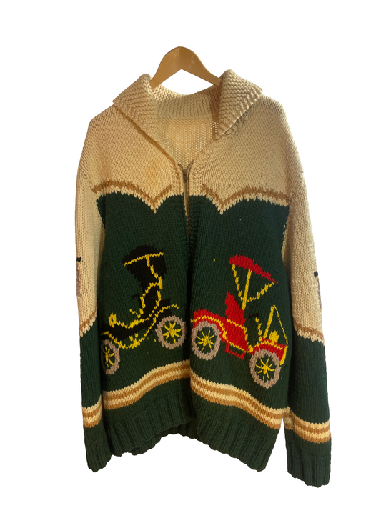 1960s Hand-Knit Wool Green Tan Vintage Car Motif Zip Cowichan-Style Cardigan