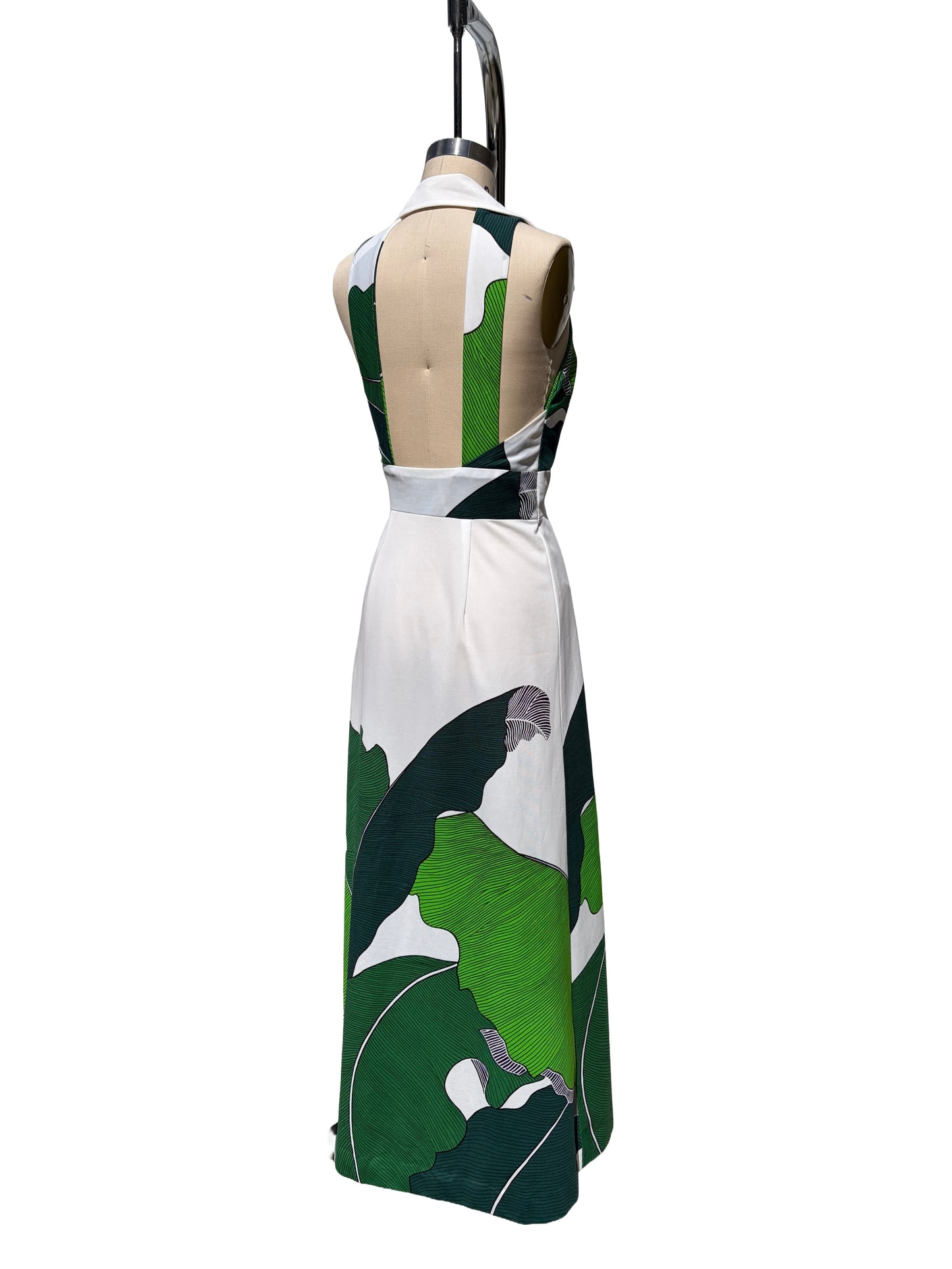 1970s White Green Tonal Abstract Leaf Print Open Back Maxi Swim Dress