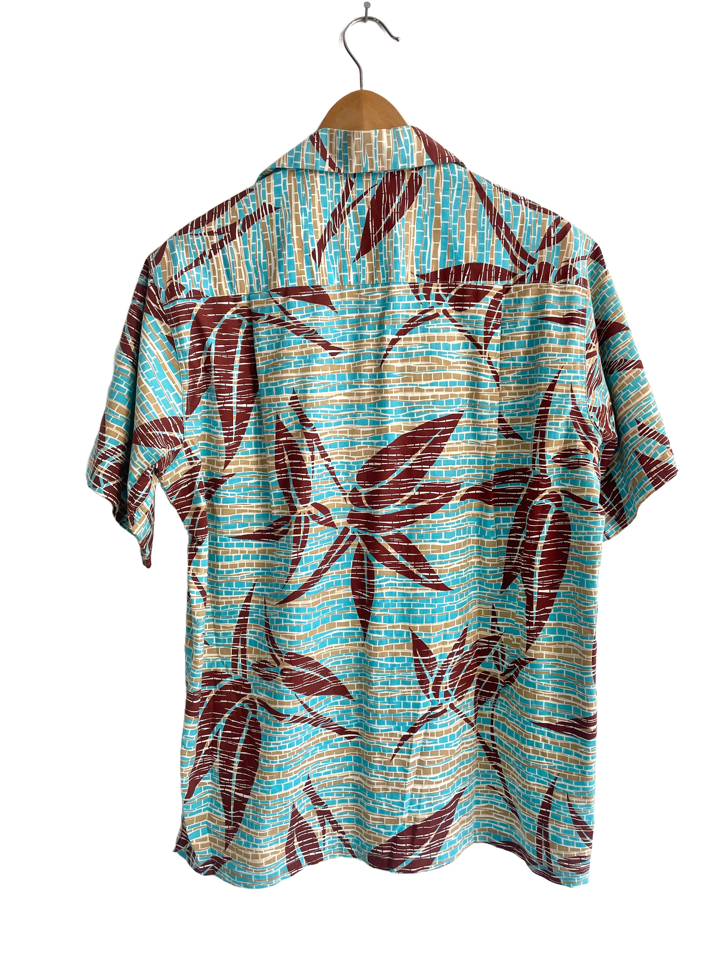 1970s Hawaiian Teal Tan Tones Print Cotton Cabana Shirt