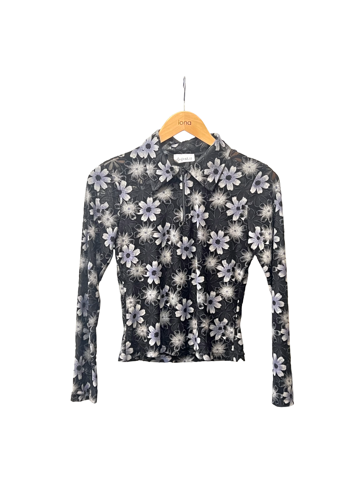 1990s Black Grey Floral Burnout Stretch Knit Quarter-Zip Top