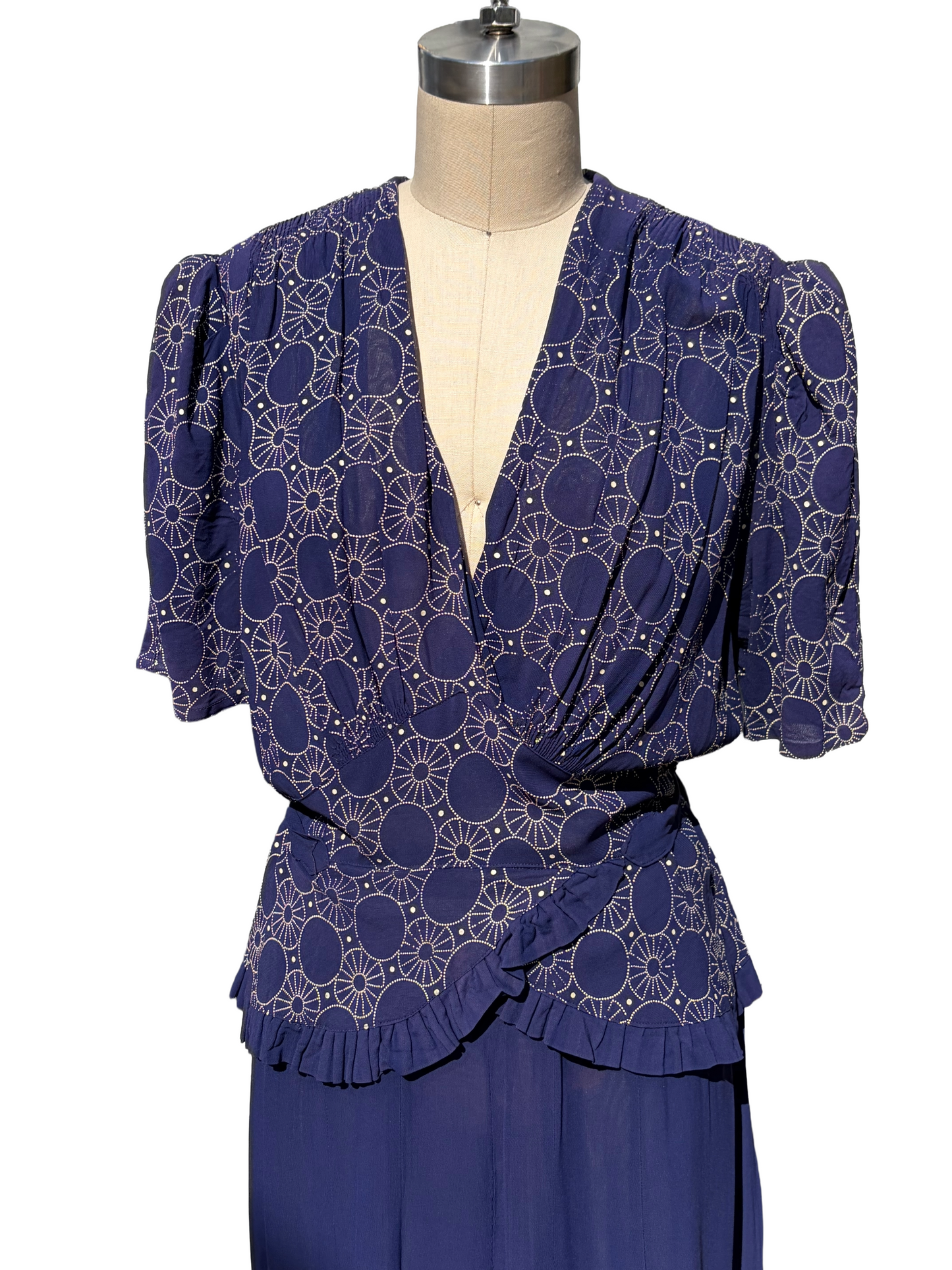 1940s Navy Rayon Circles Print Peplum Sash Belt Dress