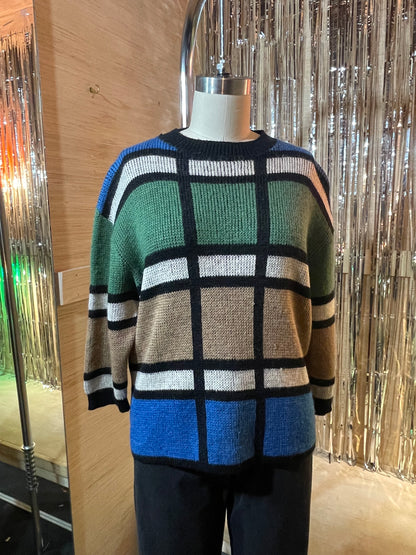 1960s Blue Green Tan Colorblock Wool Cropped Boxy Sweater