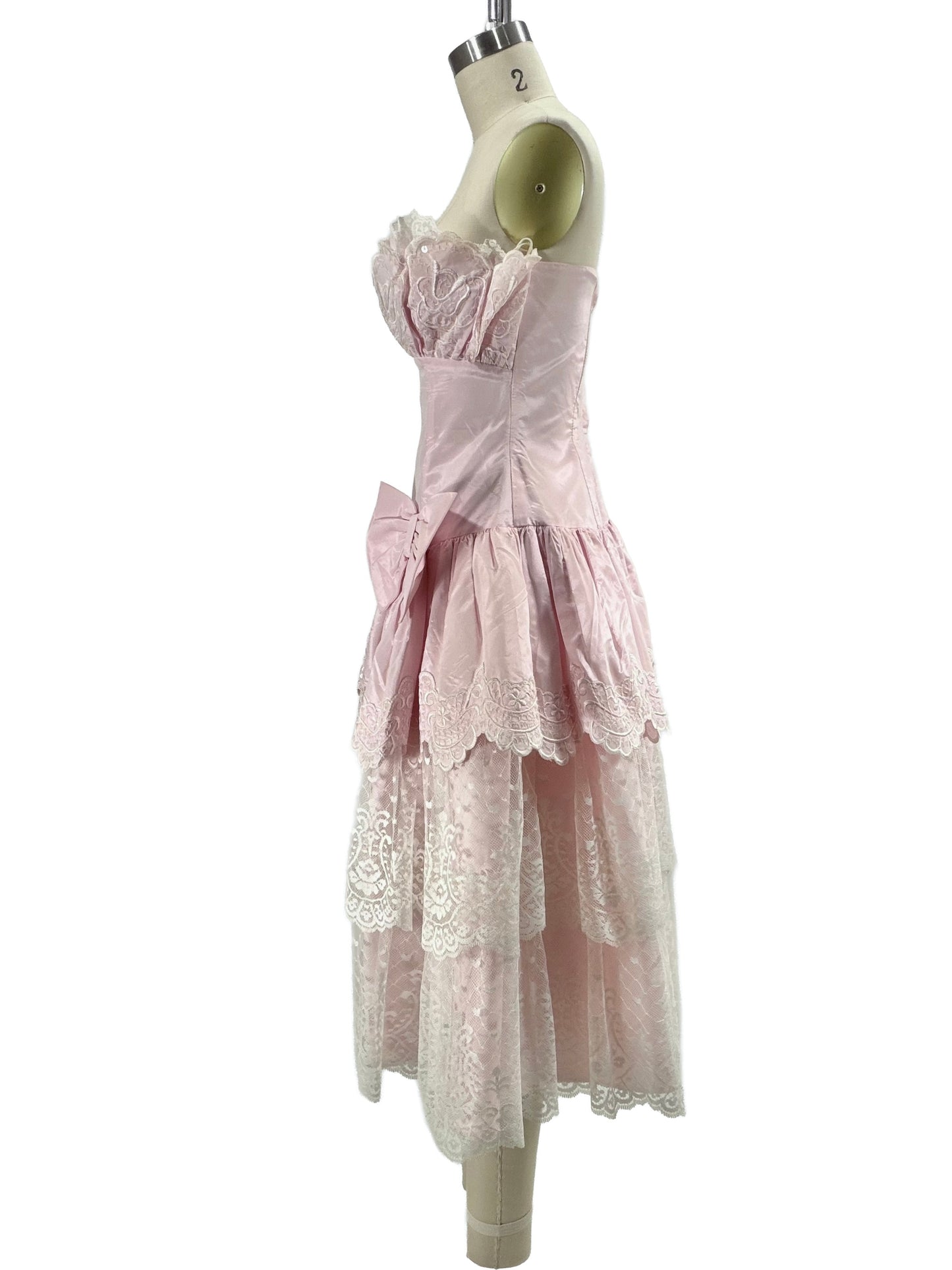 1980s Pink Lace Taffeta Strapless Party Dress