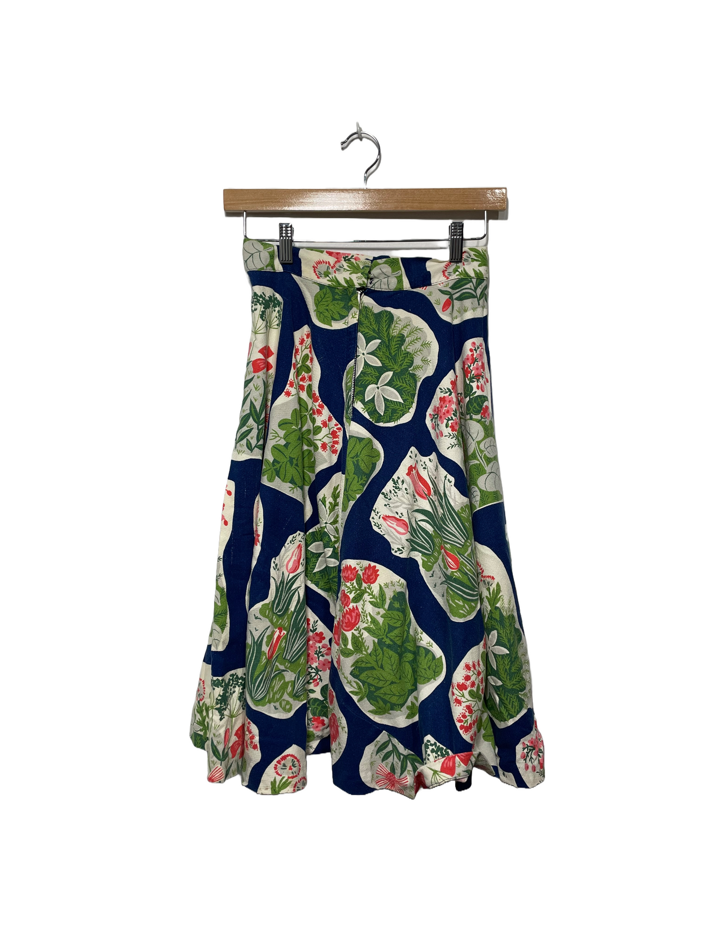 1950s Blue Atomic Floral Barkcloth Cotton Circle Skirt
