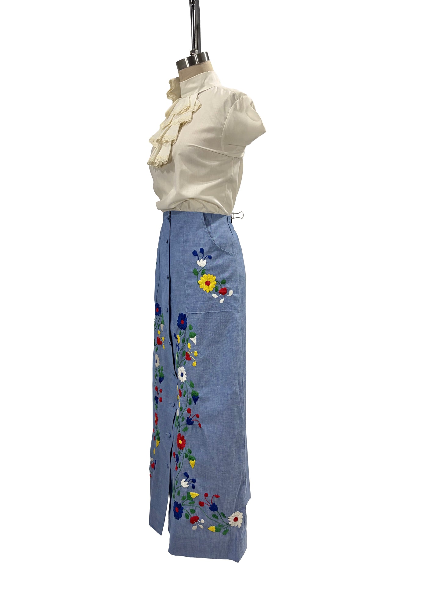 1970s Chambray Full Placket Embroidered Maxi Skirt