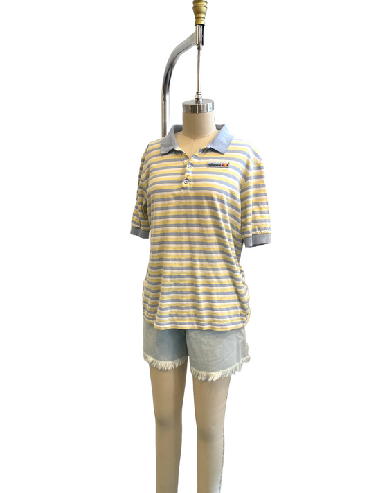 1980s Pastel Yellow Grey Ellesse Ski Brand Cotton Polo