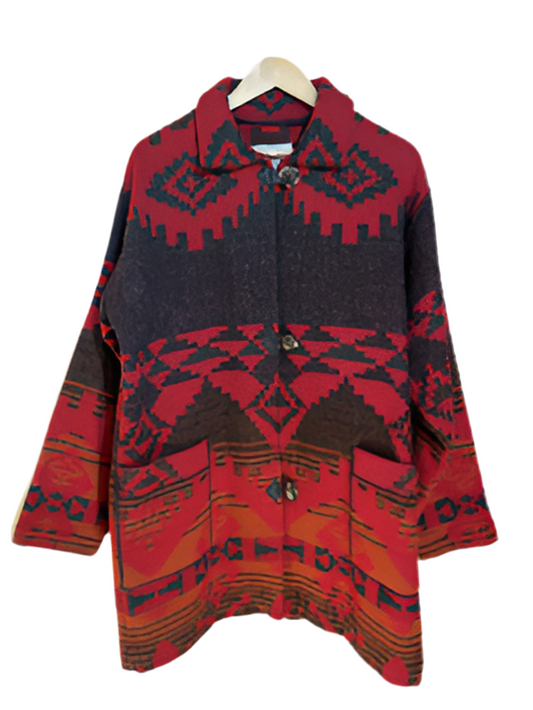 1990s Red Western Patterned Wool Blend Long Coat