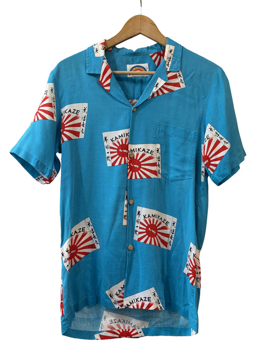1980s Sky Blue Kamakaze Novelty Print Rayon Camp Shirt
