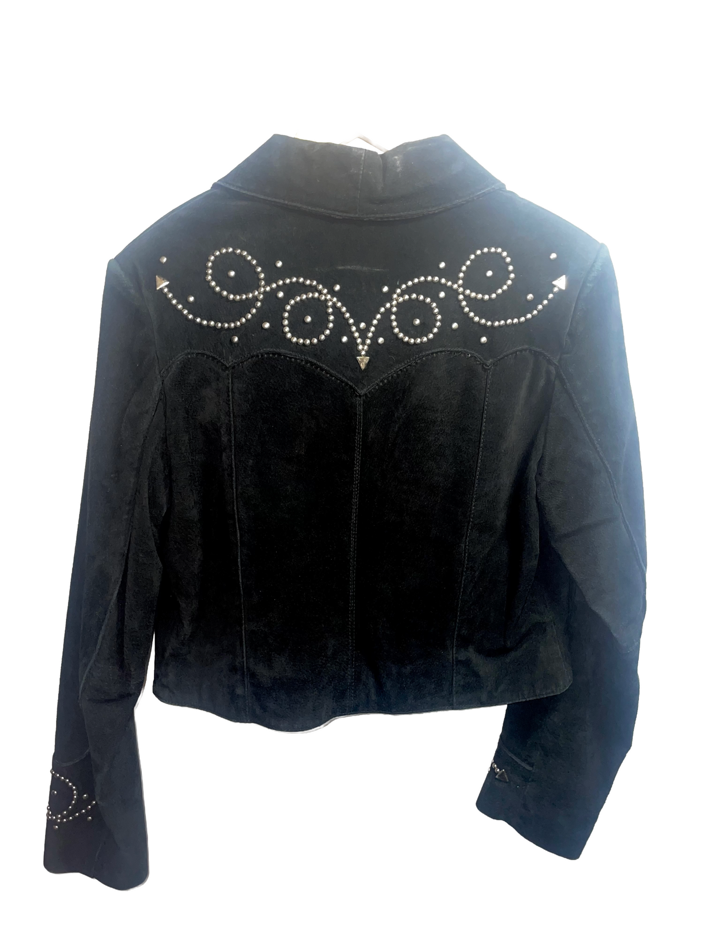 1980s Black Suede ‘Canyon Creek’ Studded Smile Pocket Western Leather Jacket