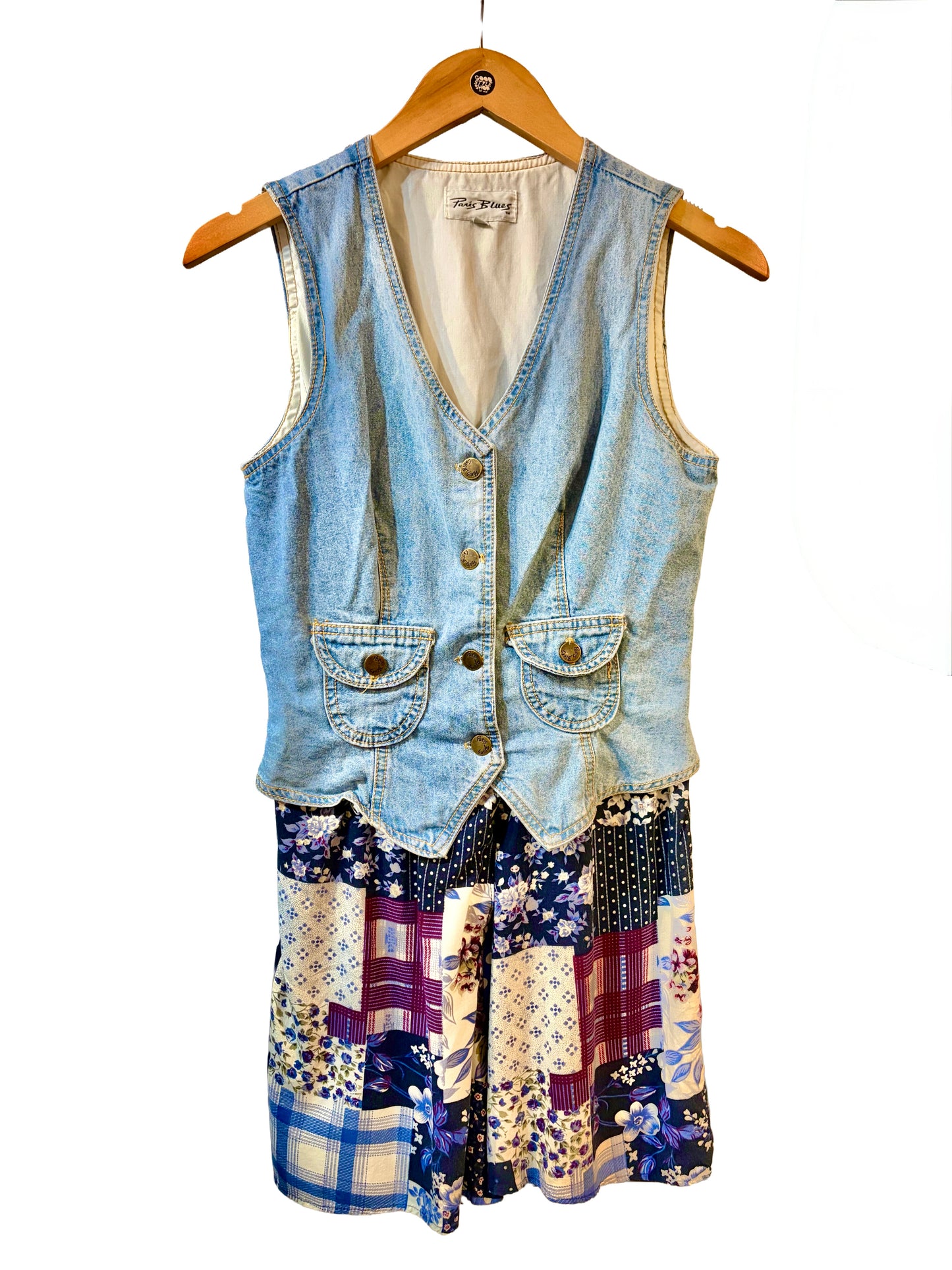 1990s 'Paris Blues' Denim Top Floral Patchwork Rayon Bottom Romper