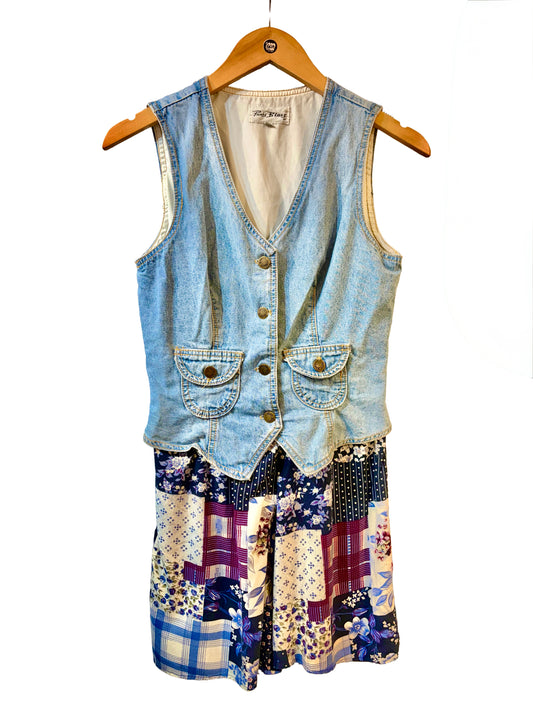 1990s 'Paris Blues' Denim Top Floral Patchwork Rayon Bottom Romper