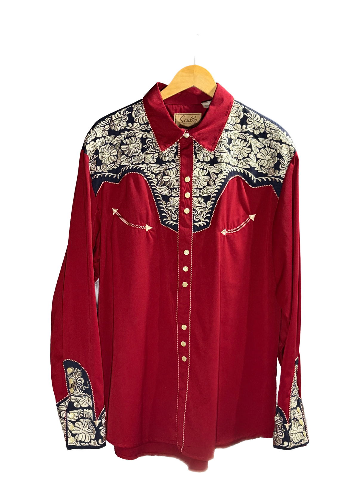 2000s Deep Red Navy White Embroidered ’Scully’ Western Pearl Snap Shirt