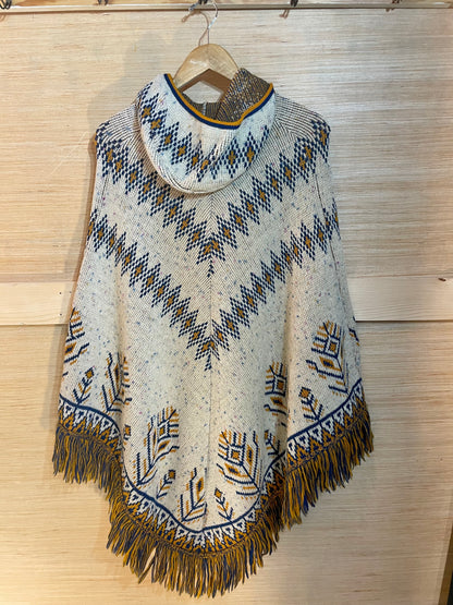 1970s Orange-Blue Fringe Hooded Cape