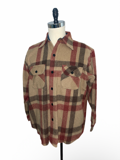 1970s Tan Brown Red Plaid Brushed Wool Flannel C.P.O. Overshirt