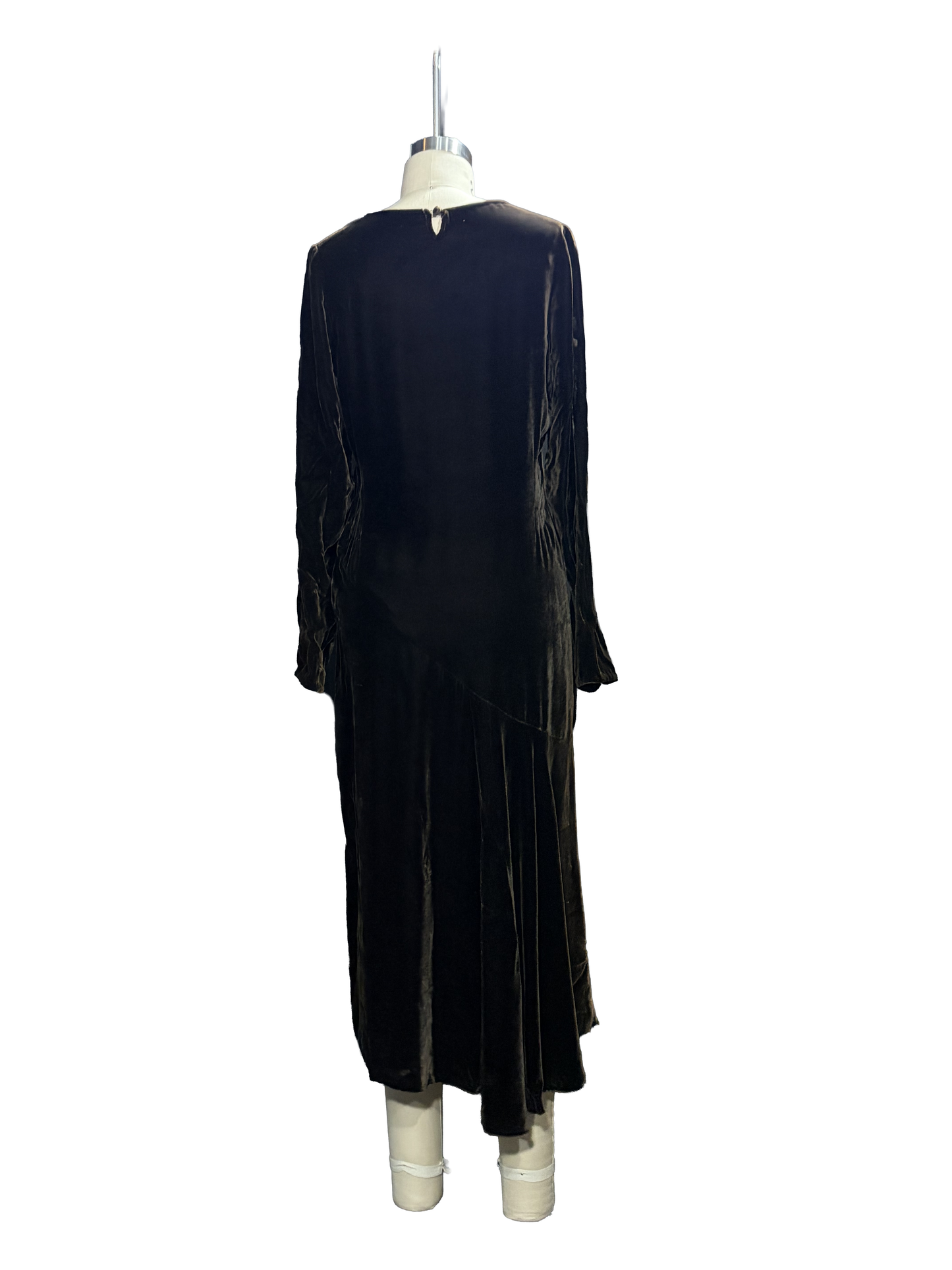 1920s Brown Silk Velvet Bias-Cut Embroidered Scoop Neck Evening Dress