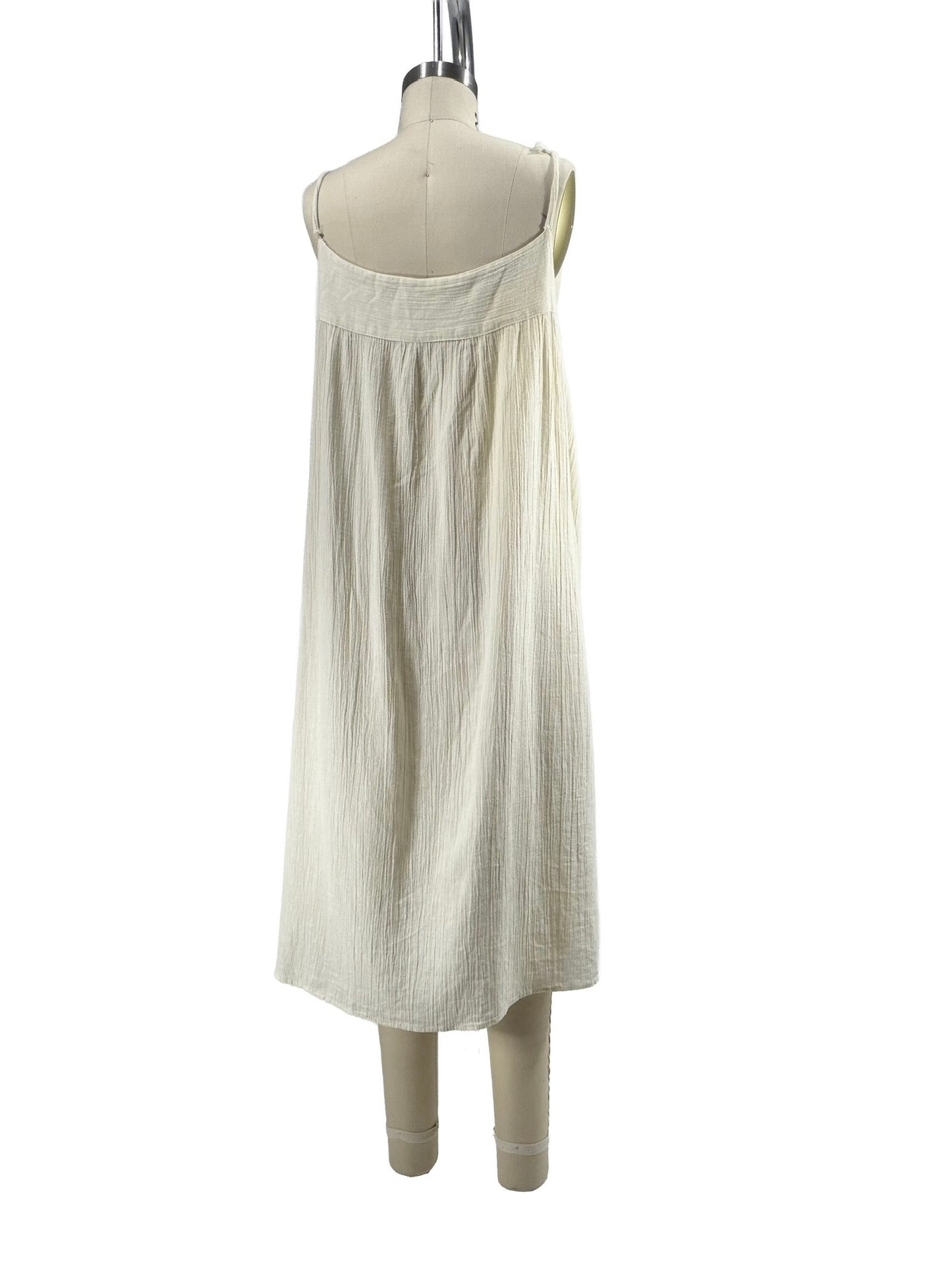 1970s White Gauzy Hand Embroidred Tie Strap Dress