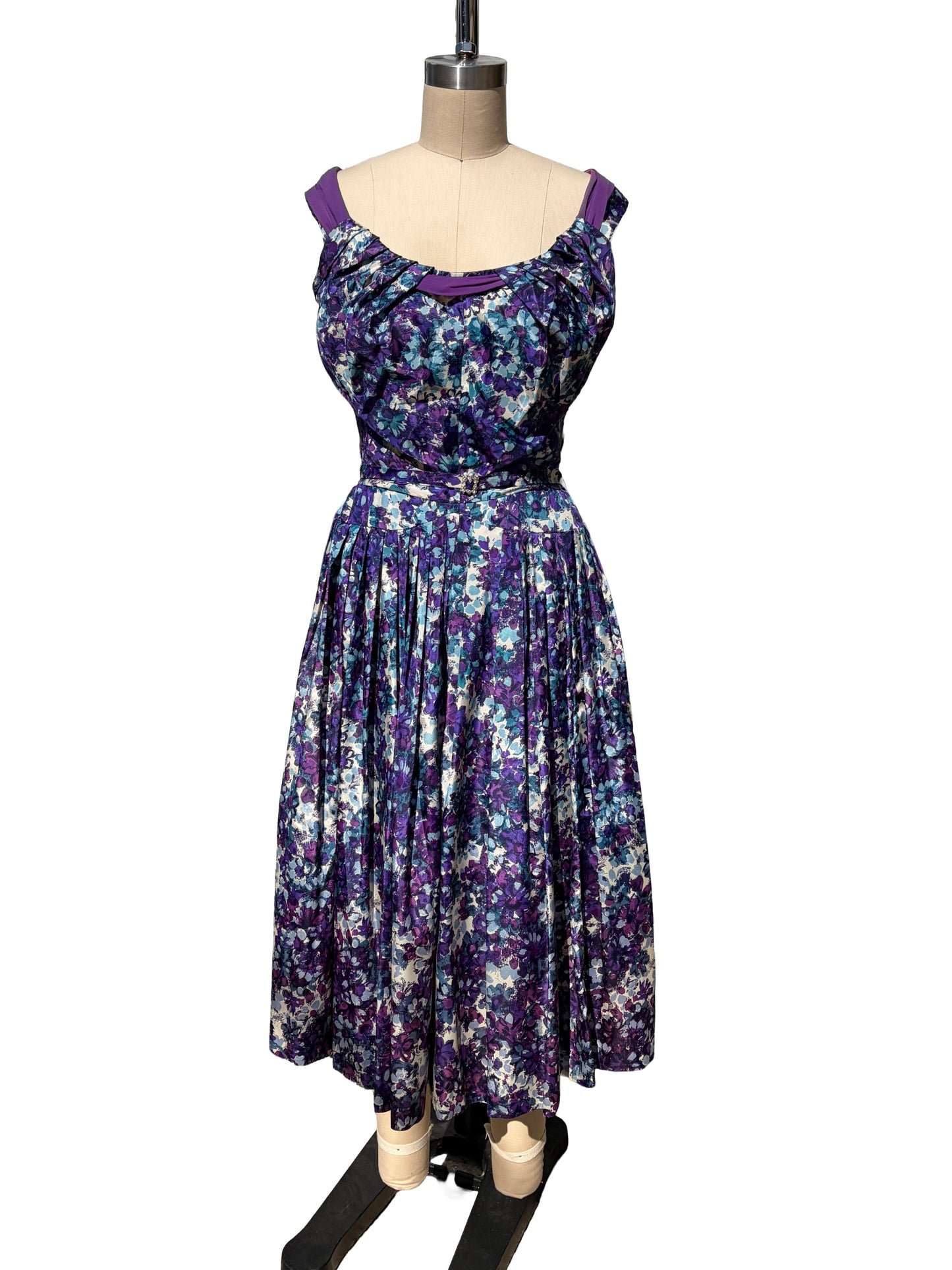1950s Purple Blue White Floral Sash Collar Rhinestone Belt Party Dress