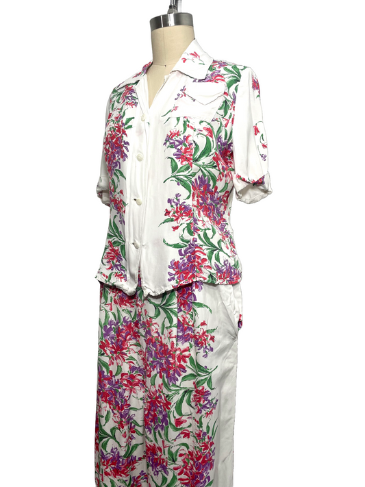 1940s White Floral Scarf Print Rayon Pajama Set