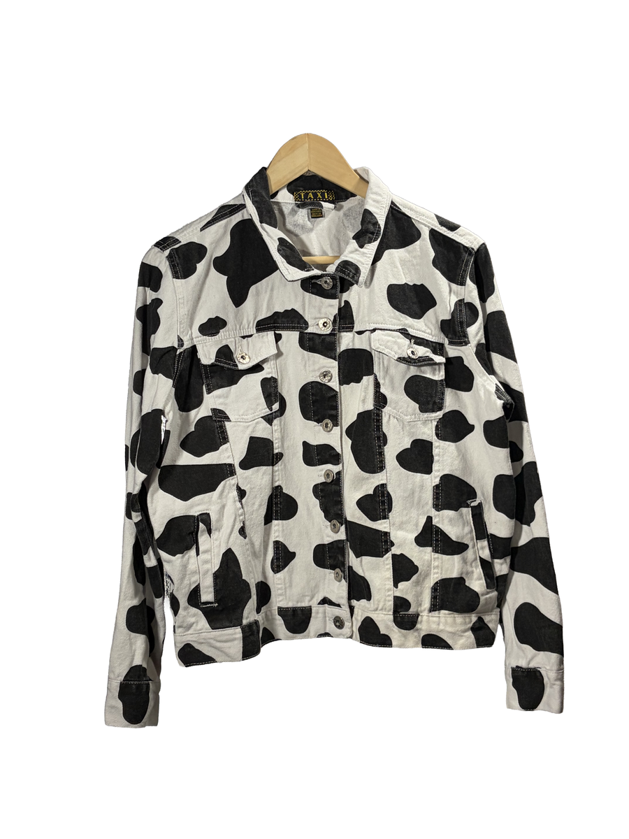 1990s White Black Cow Print Cotton Denim Jacket