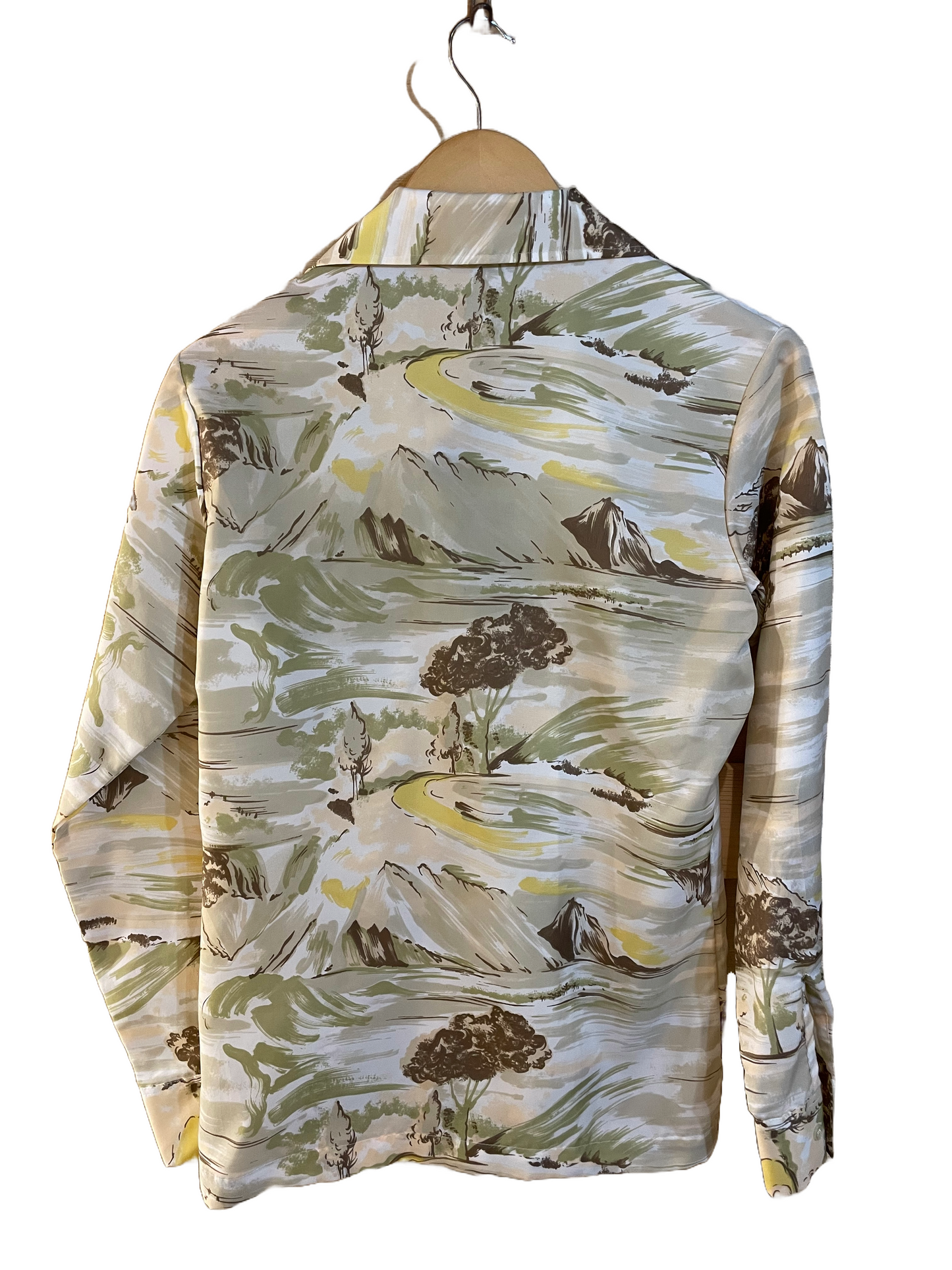 1970s Earthy Pastel Mountain Landscape Novelty Print Shirt