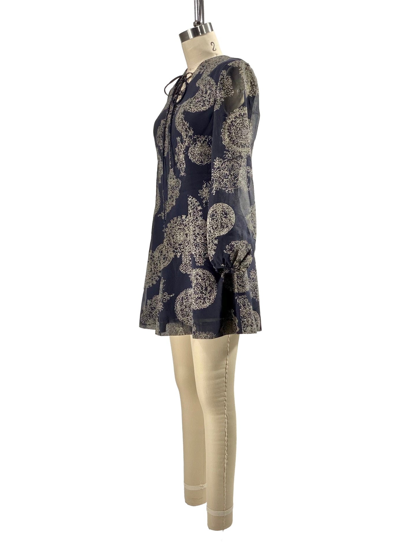 1990s Navy Blue Poly Crepe Sheer Sleeve Mini Dress