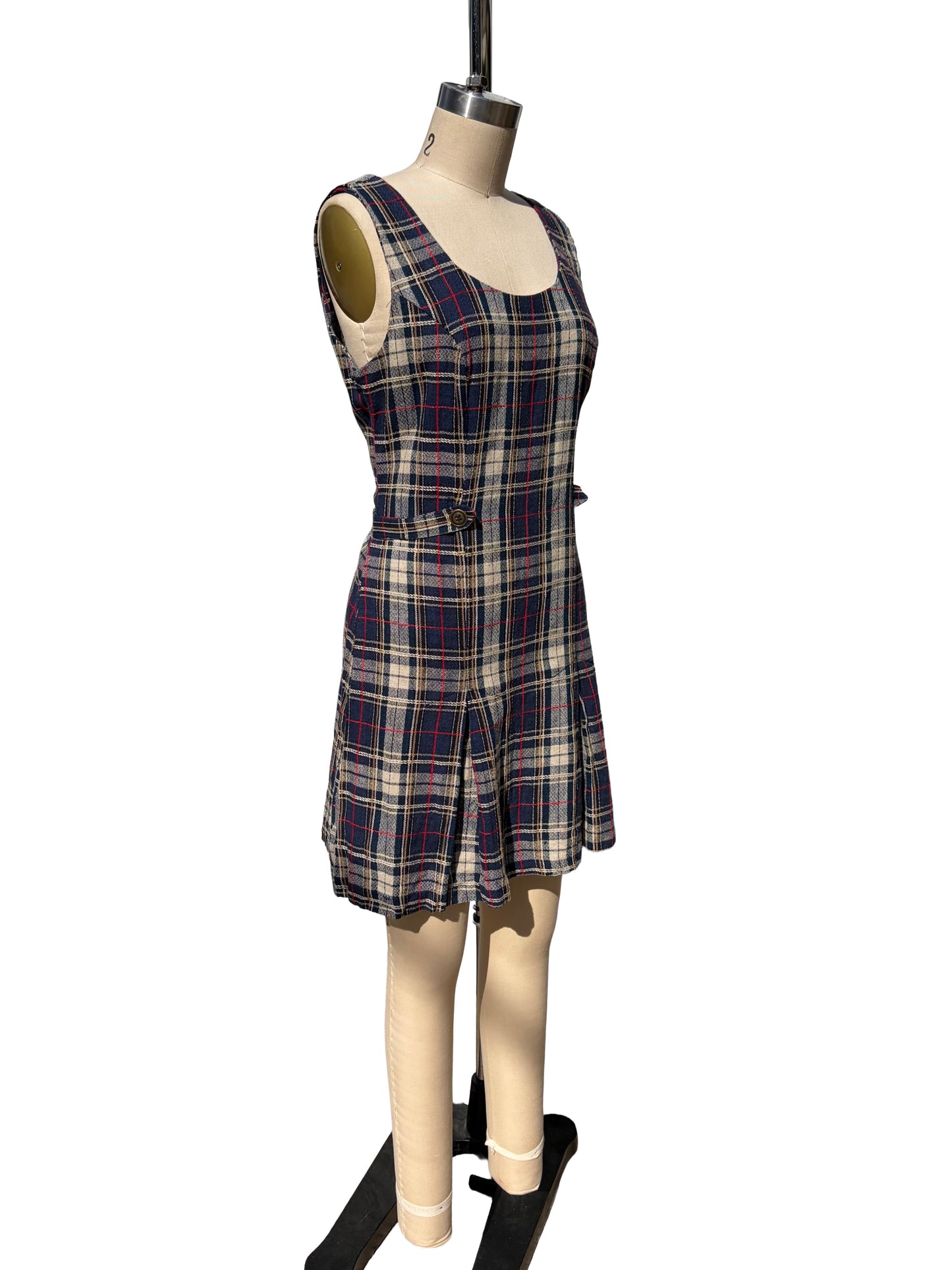 1990s Navy Tan Check Textured Scooter Dress