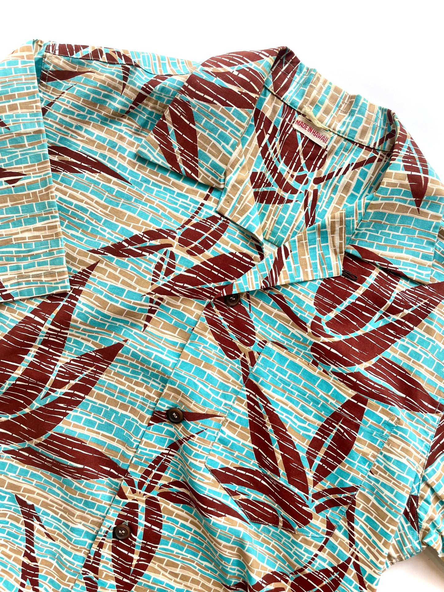 1970s Hawaiian Teal Tan Tones Print Cotton Cabana Shirt