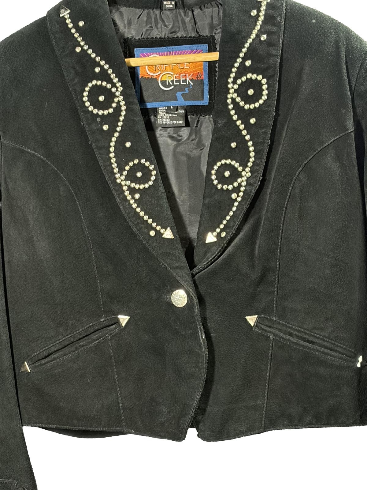 1980s Black Suede ’Copper Creek’ Studded Smile Pocket Western Leather Jacket