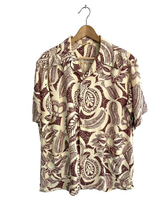 1940s XL Cream Frond Print Rayon Cabana Shirt