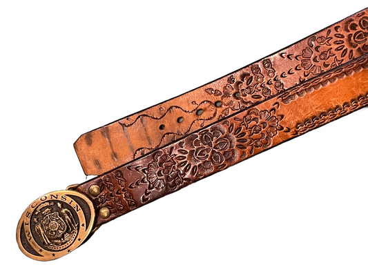 1970s Tooled Leather Belt & Wisconsin Belt Buckle