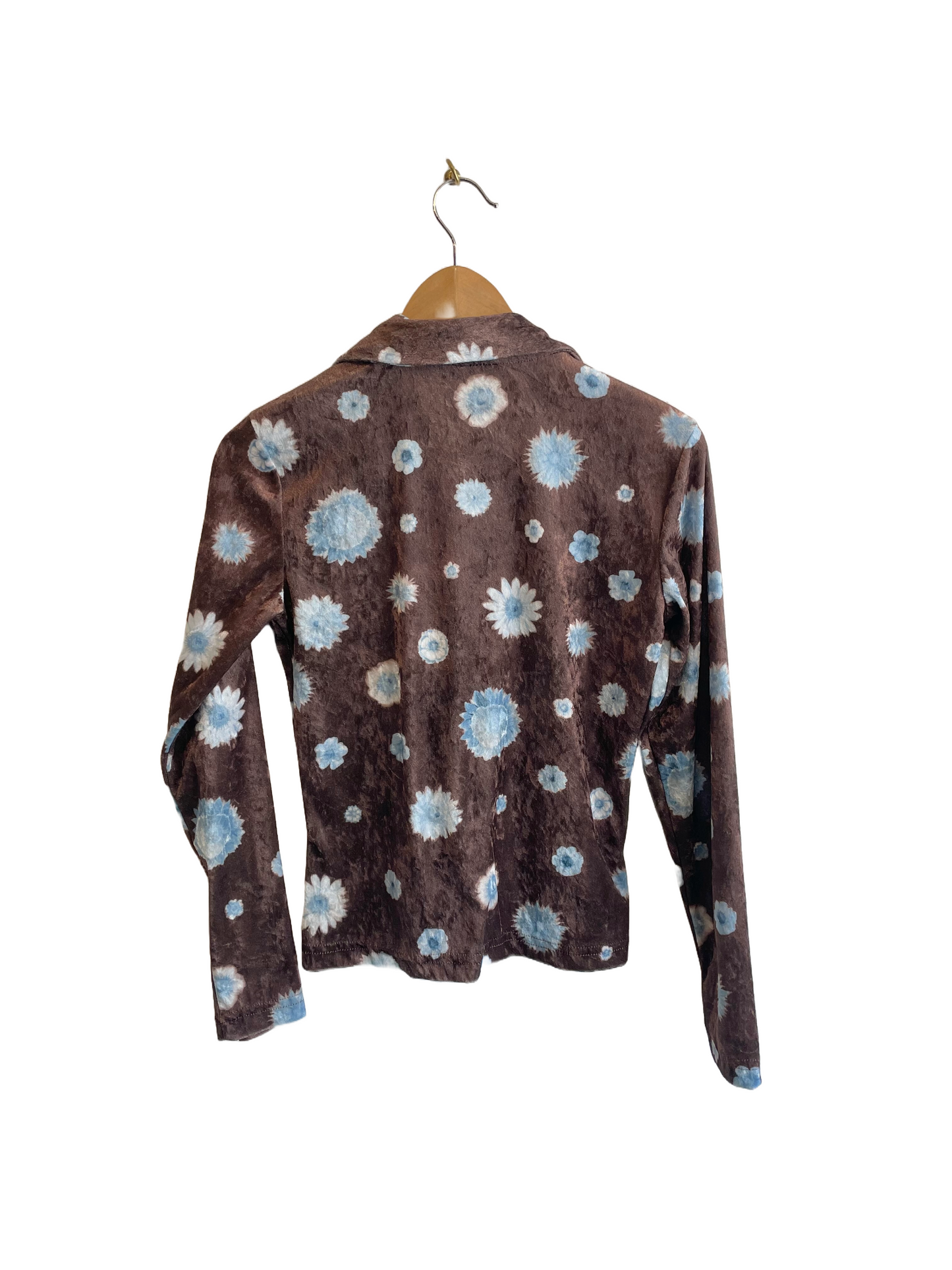 1990s Brown Blue Posey Print Velour Crop Blouse