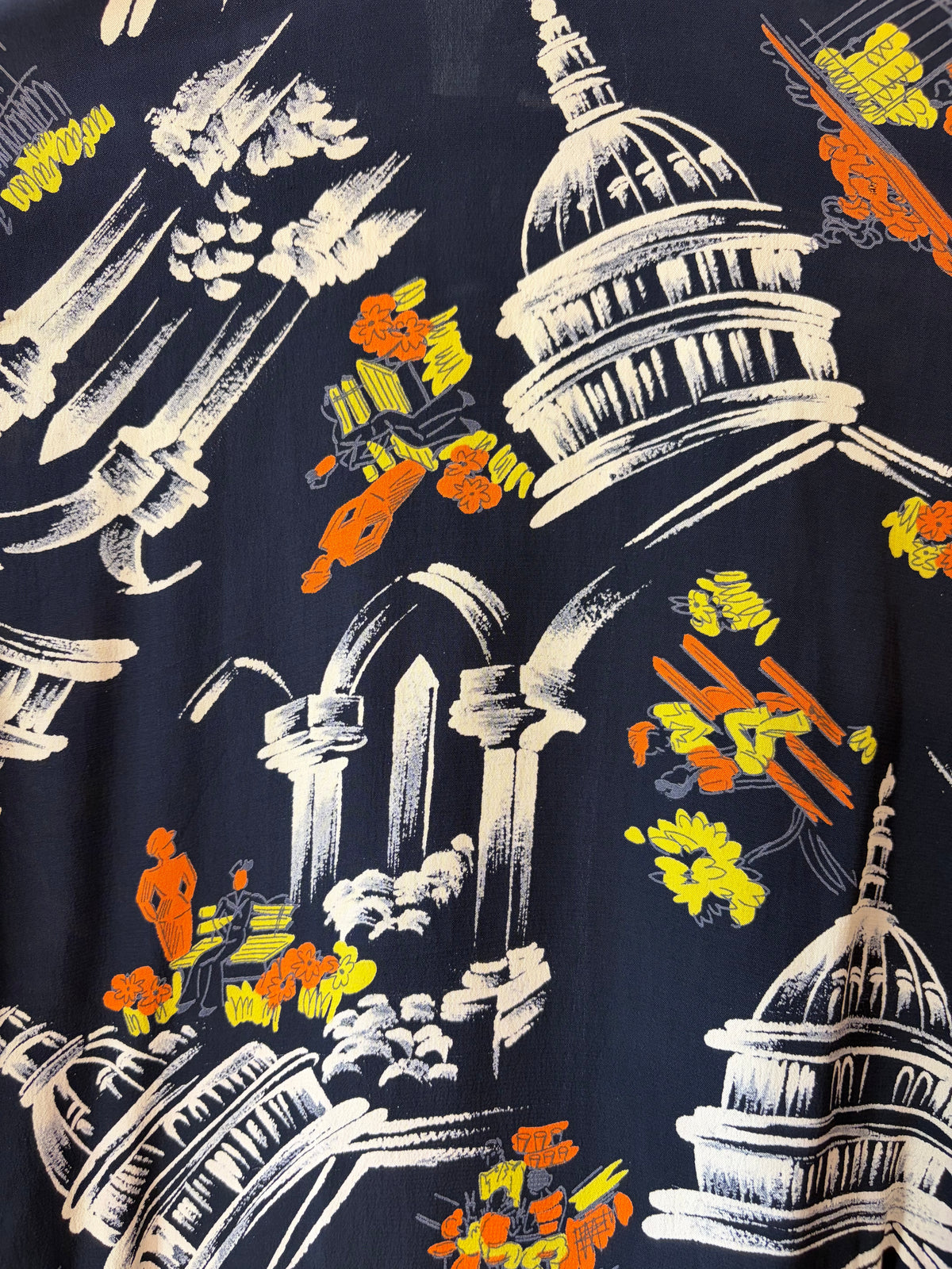 1940s Black Silk Rotunda Novelty Print Ruffle Scarf Blouse