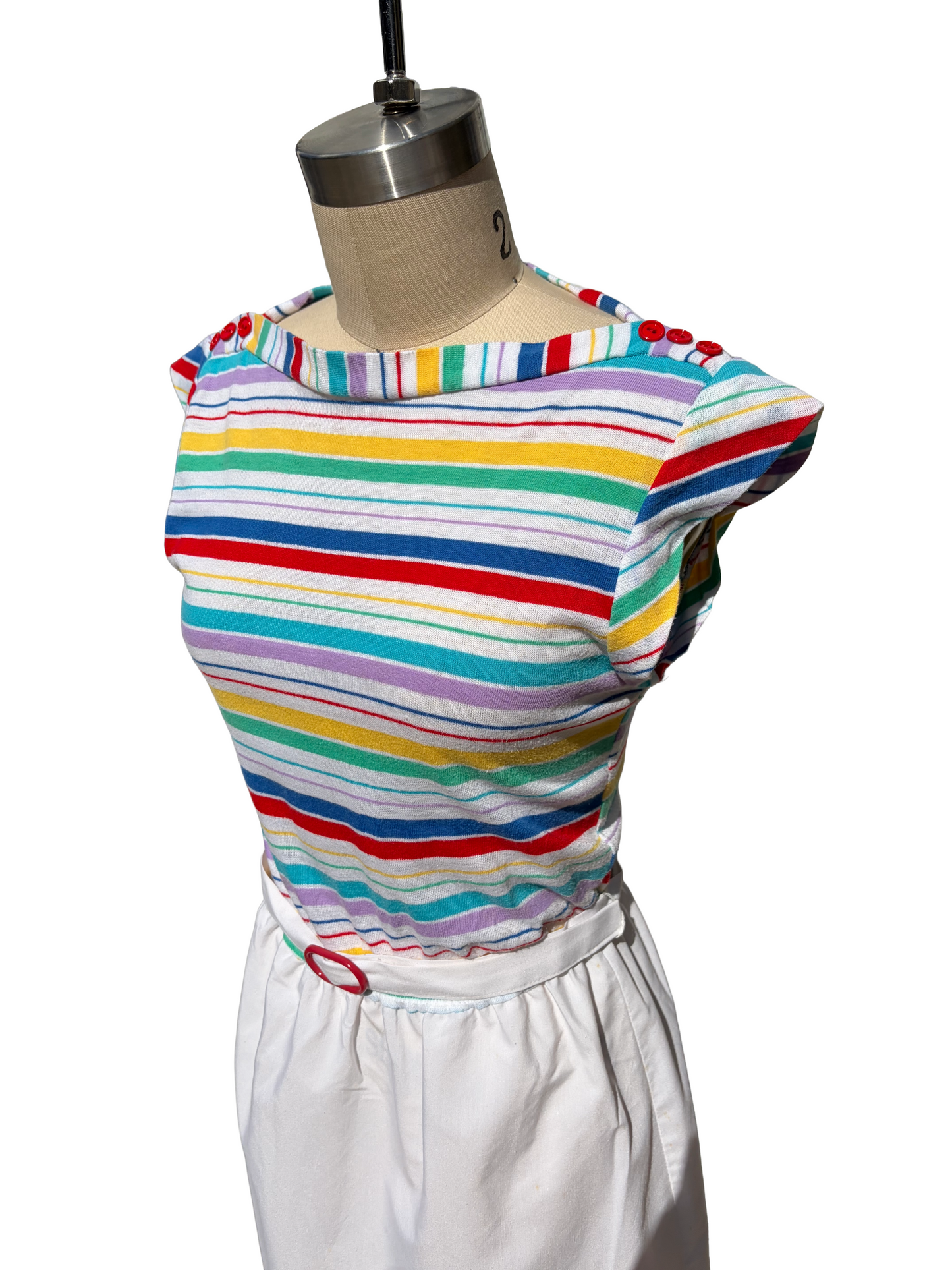 1970s White Rainbow Stripe Belted Cotton Summer Dress