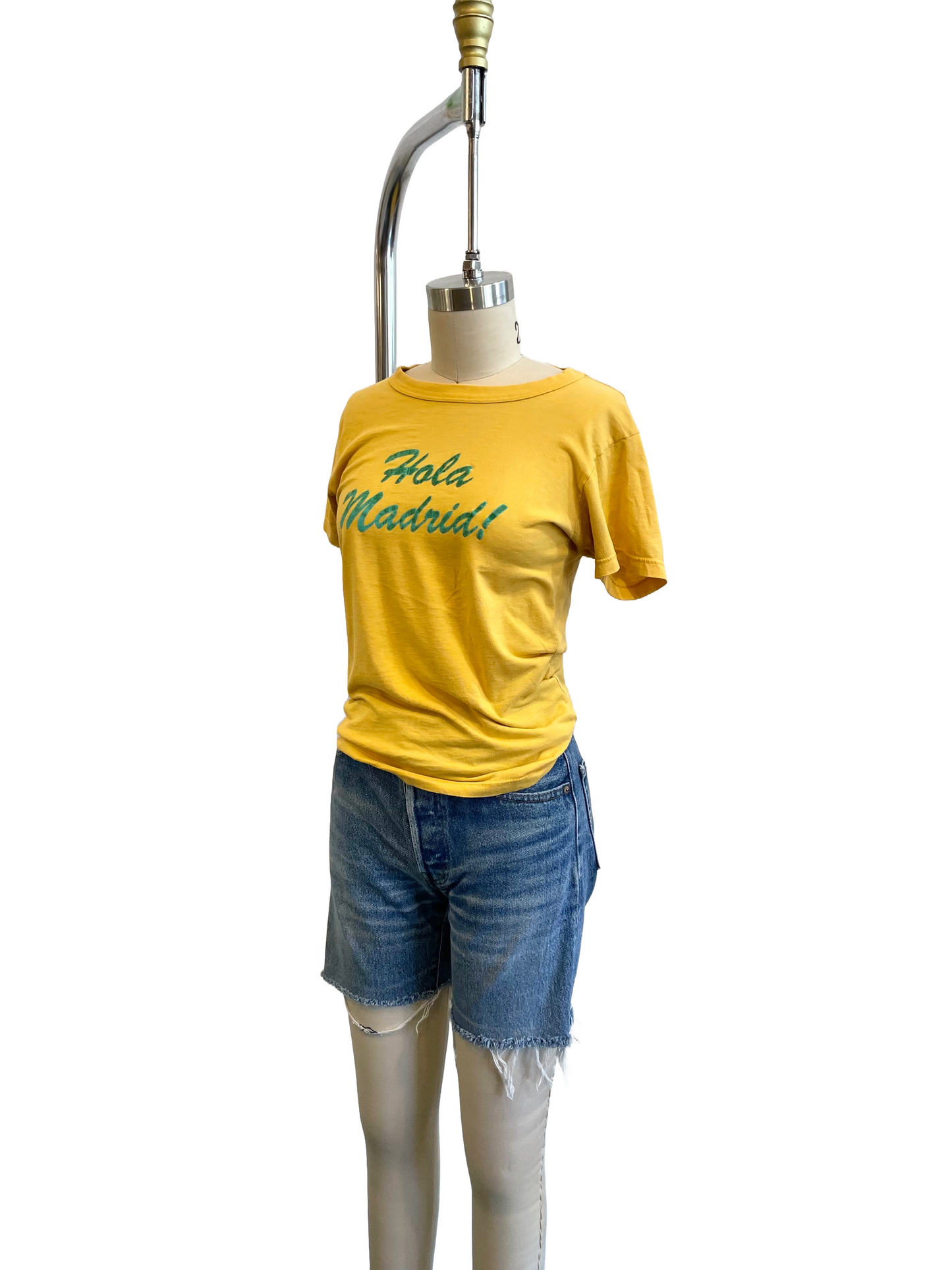 1980s Mustard Yellow Green Faded Flocking 'Hola Madrid' Tee