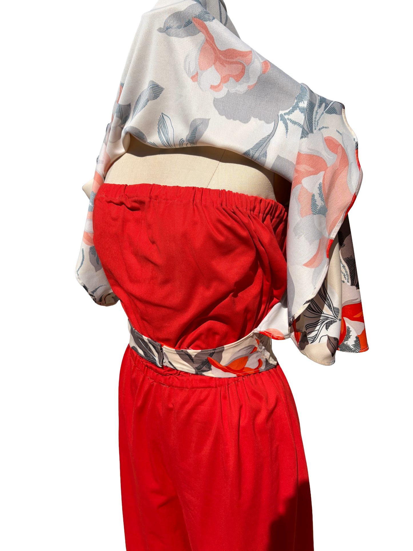 1970s Mandarin Orange Poly Wrap Poncho Top Strapless Jumpsuit Set