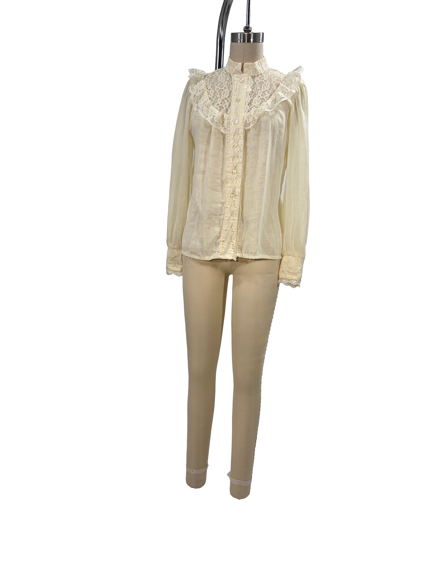 1970s White Cotton Voile Sheer Lace Ruffle Prairie-Style Blouse