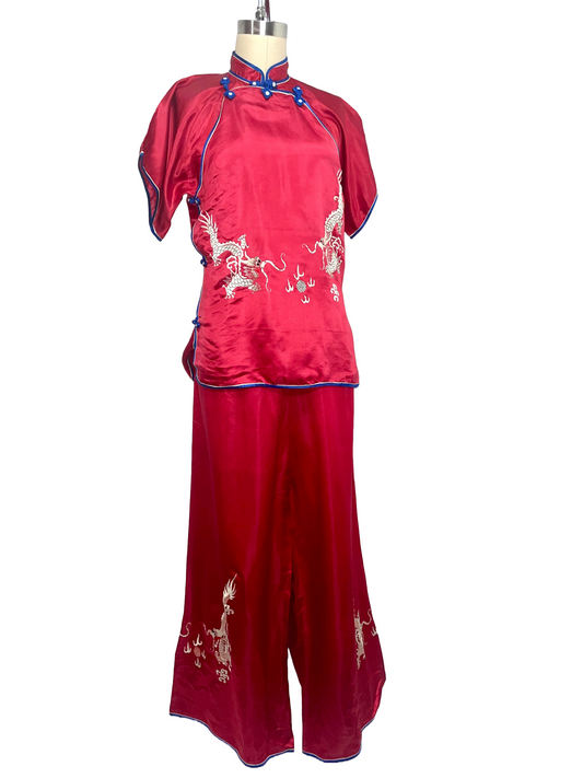 1950s Ruby Red Dragon Qipao Silk Satin Pajama Set