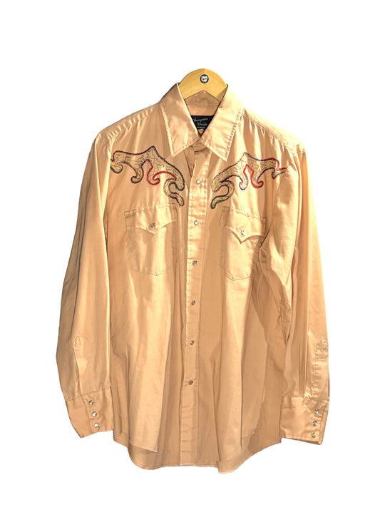 1970s Terracotta Multicolor Embroidered Snap Western Shirt