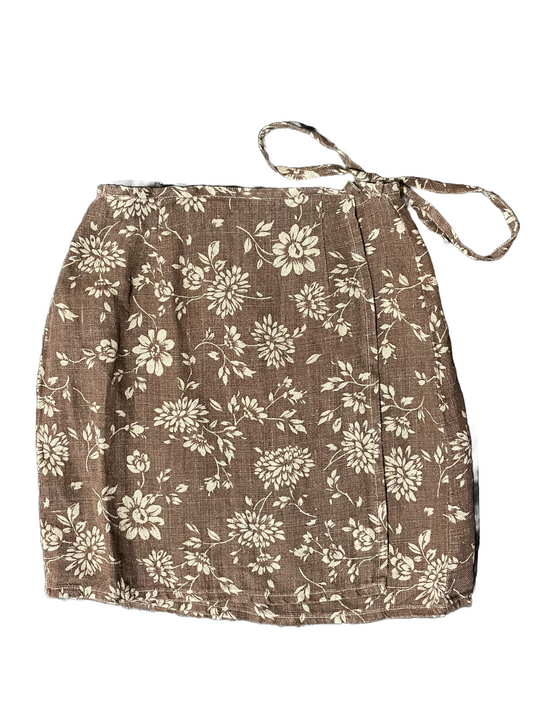 1990s Brown Linen Limited Floral Mini Wrap Skirt