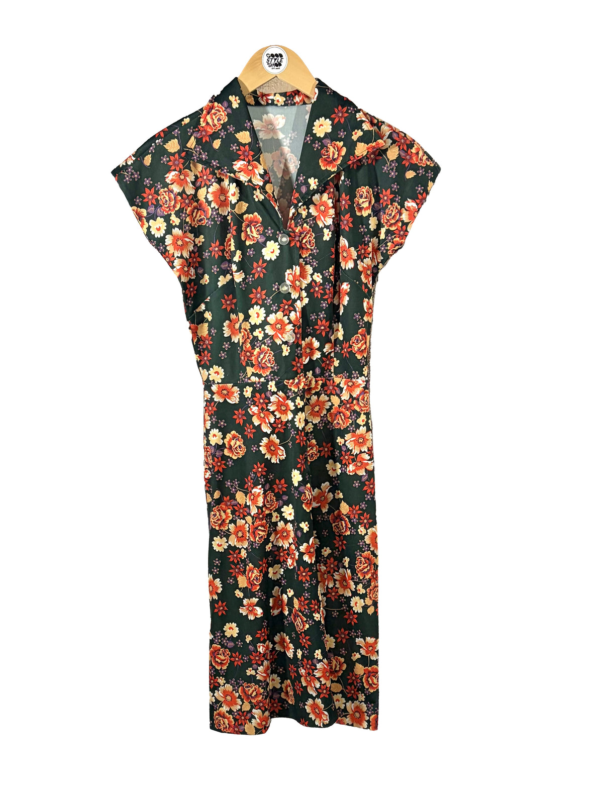 1970s Green Orange Floral Poly Fit and Flare Dress