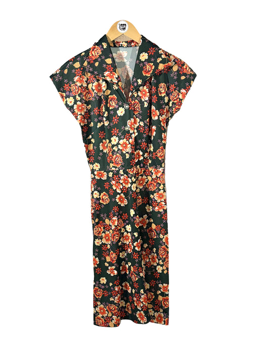 1970s Green Orange Floral Poly Fit and Flare Dress