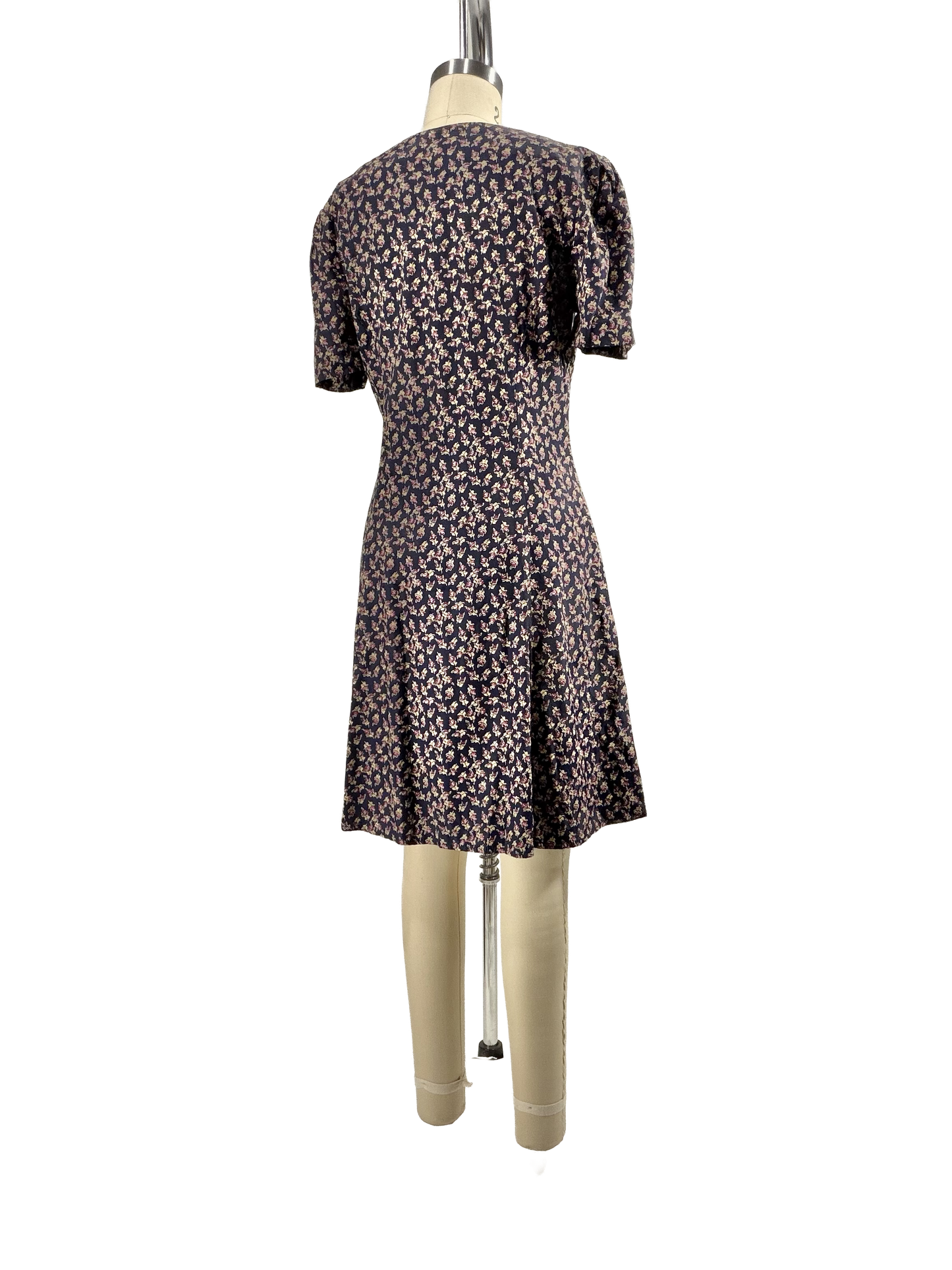 1990s Navy Floral Acetate Pearly Button Mini Dress